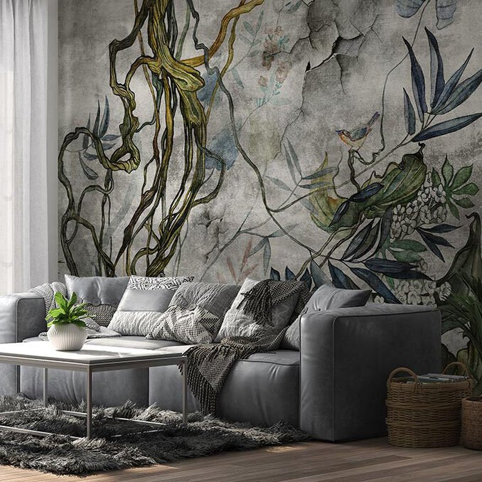 Papier peint lierre tropical et petit moineau