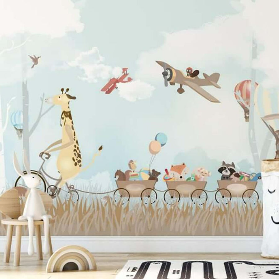 Papier peint grande girafe à vélo, ballons et animaux