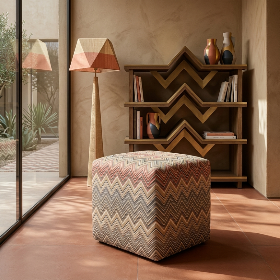 Pouf à motif zigzag beige et brun