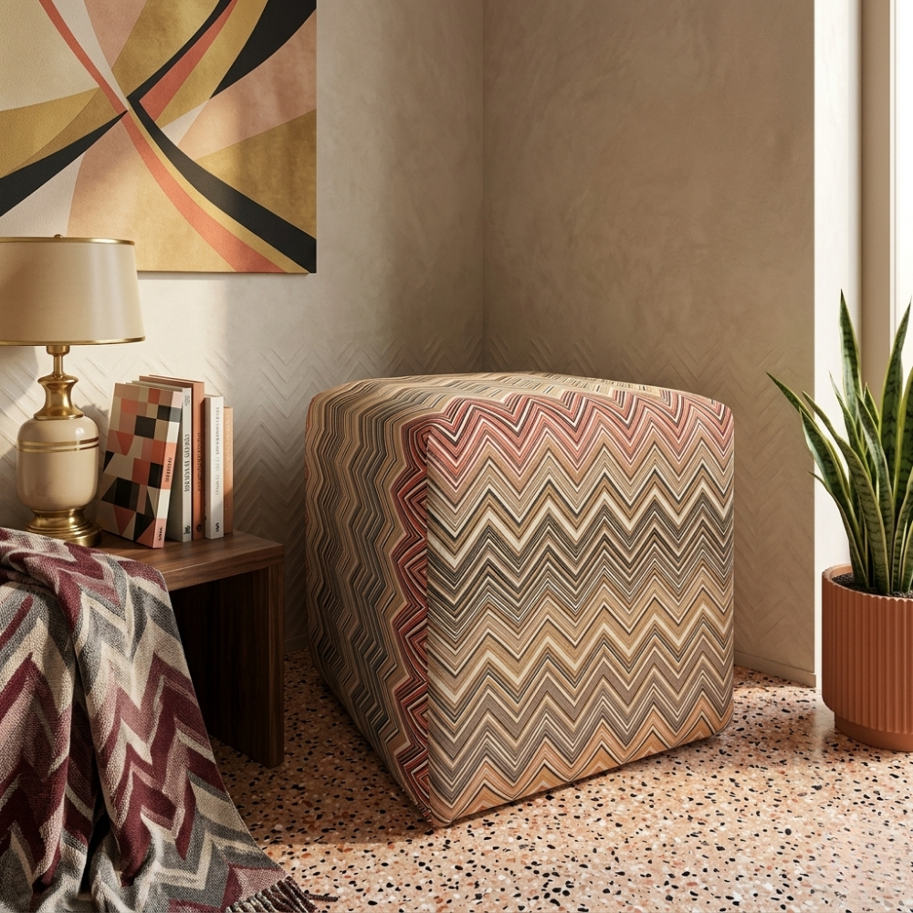 Pouf à motif zigzag beige et brun