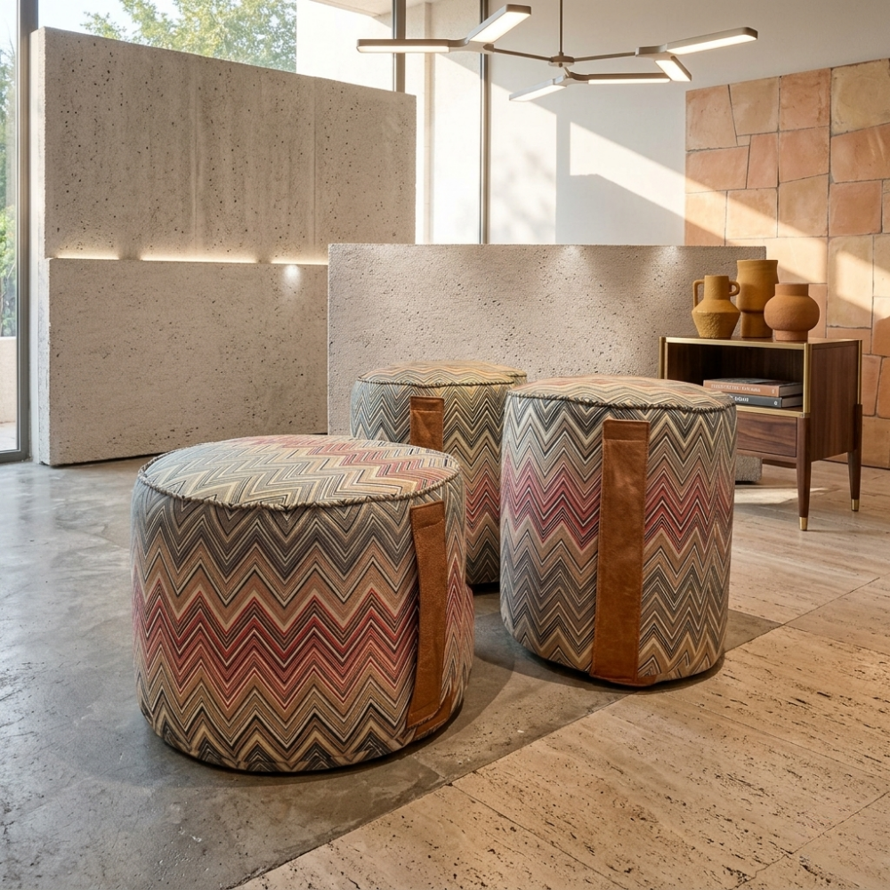 Pouf à motif zigzag à poignée en cuir
