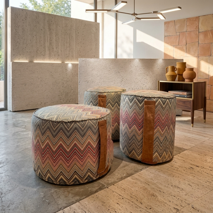 Pouf à motif zigzag à poignée en cuir