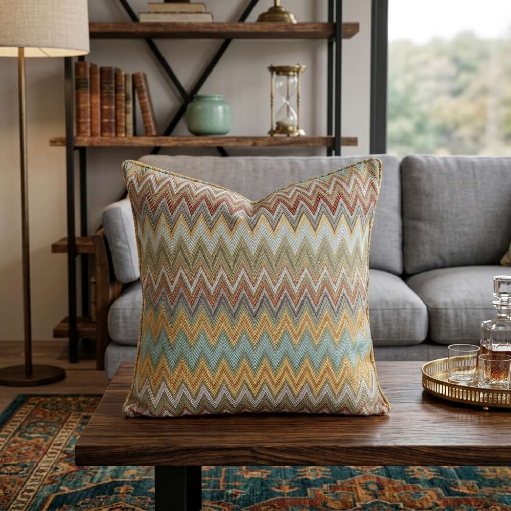 Coussin tissé à motif zigzag bleu et moutarde