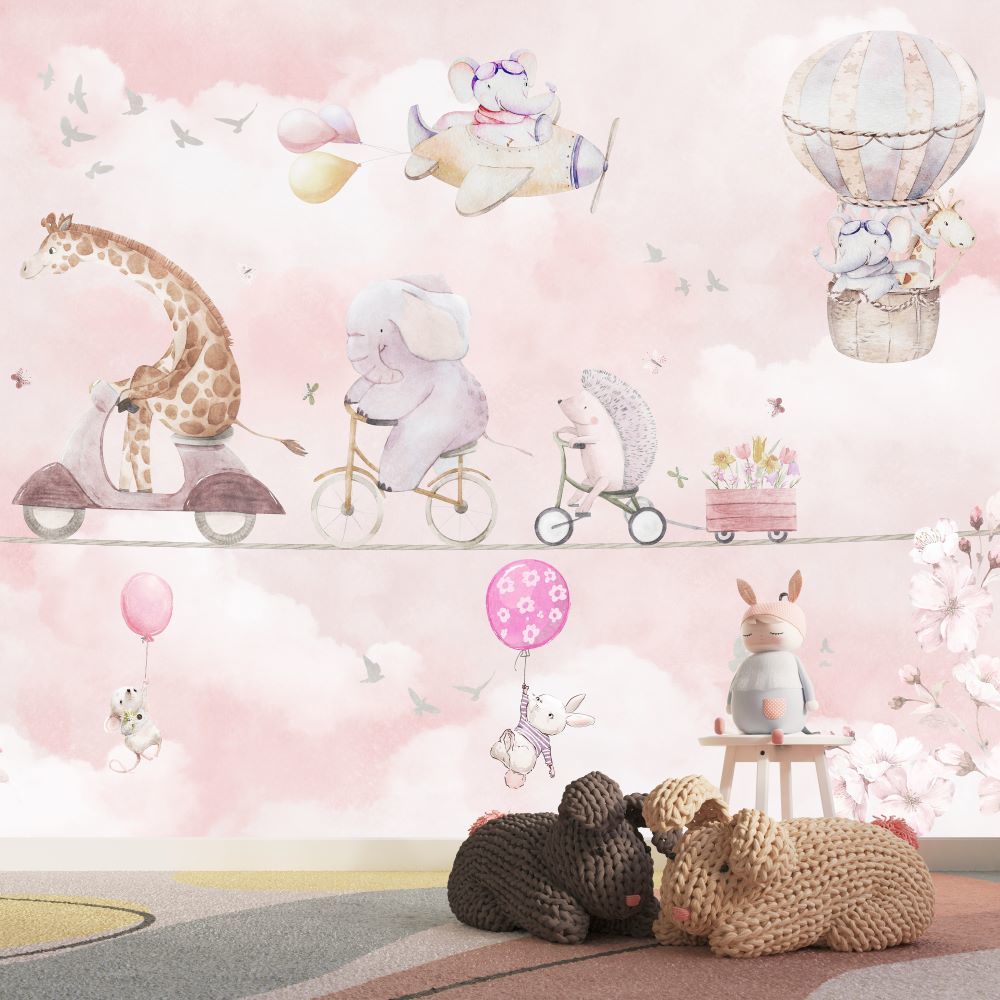 Papier peint montgolfière, hérisson et girafe à vélo