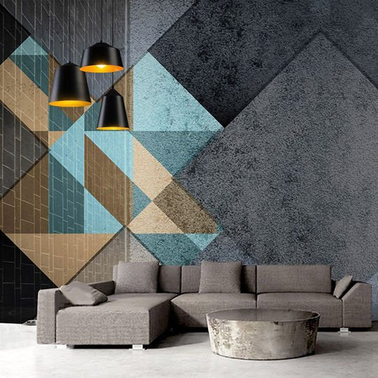 Papier peint carrés géométriques anthracite et bleu