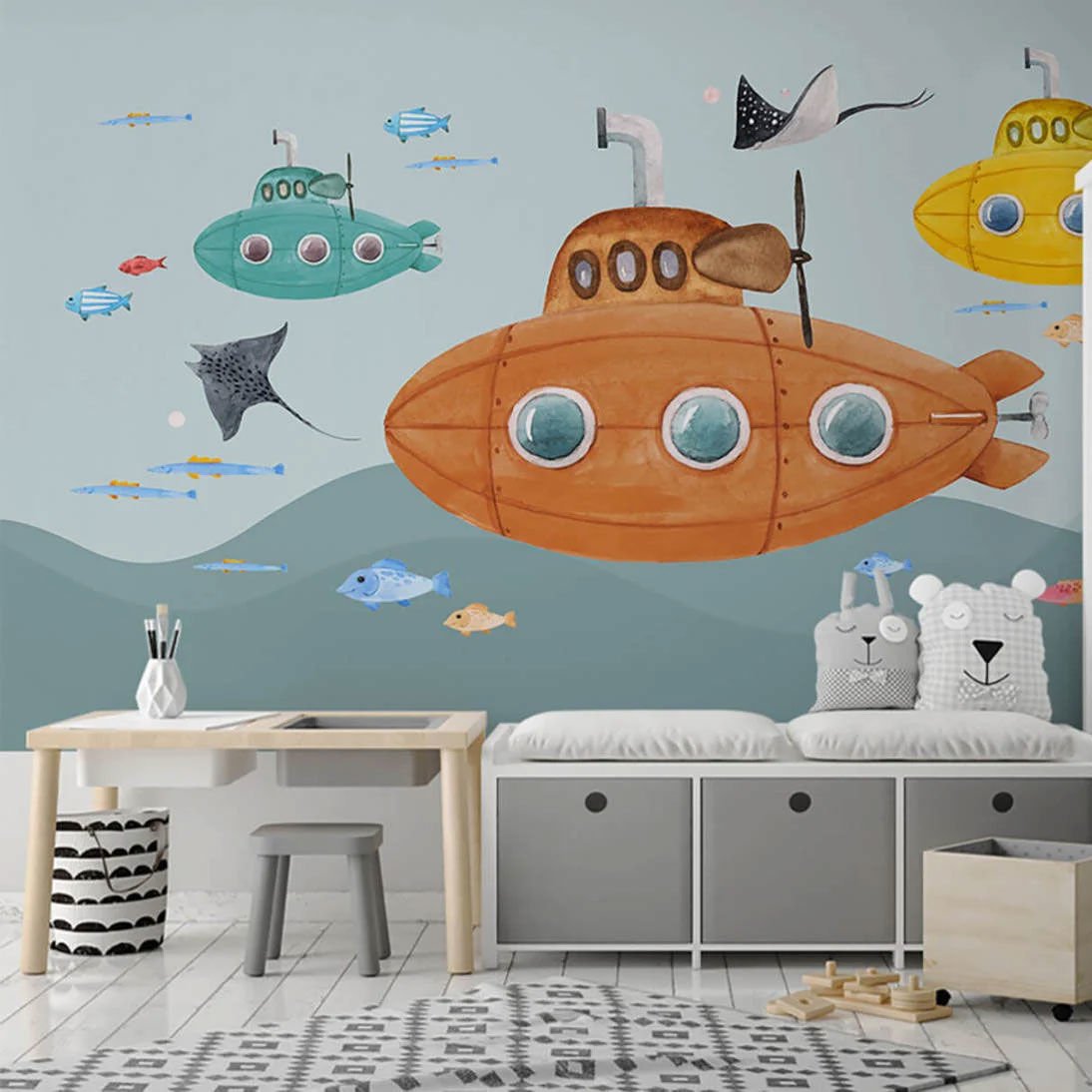 Papier peint sous-marins orange et verts