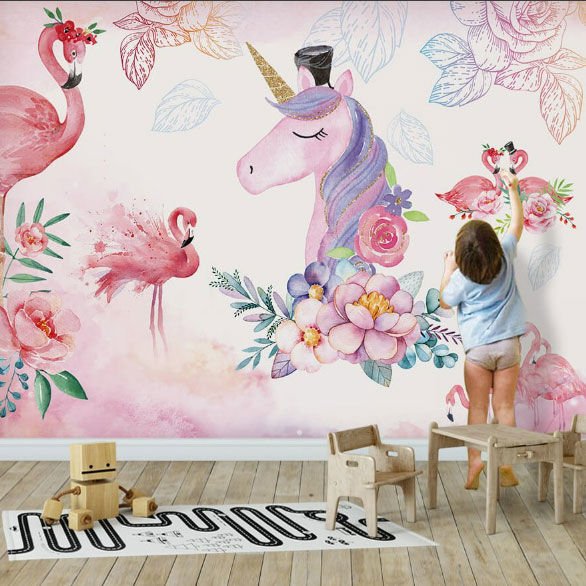 Papier peint licorne rose et flamants roses